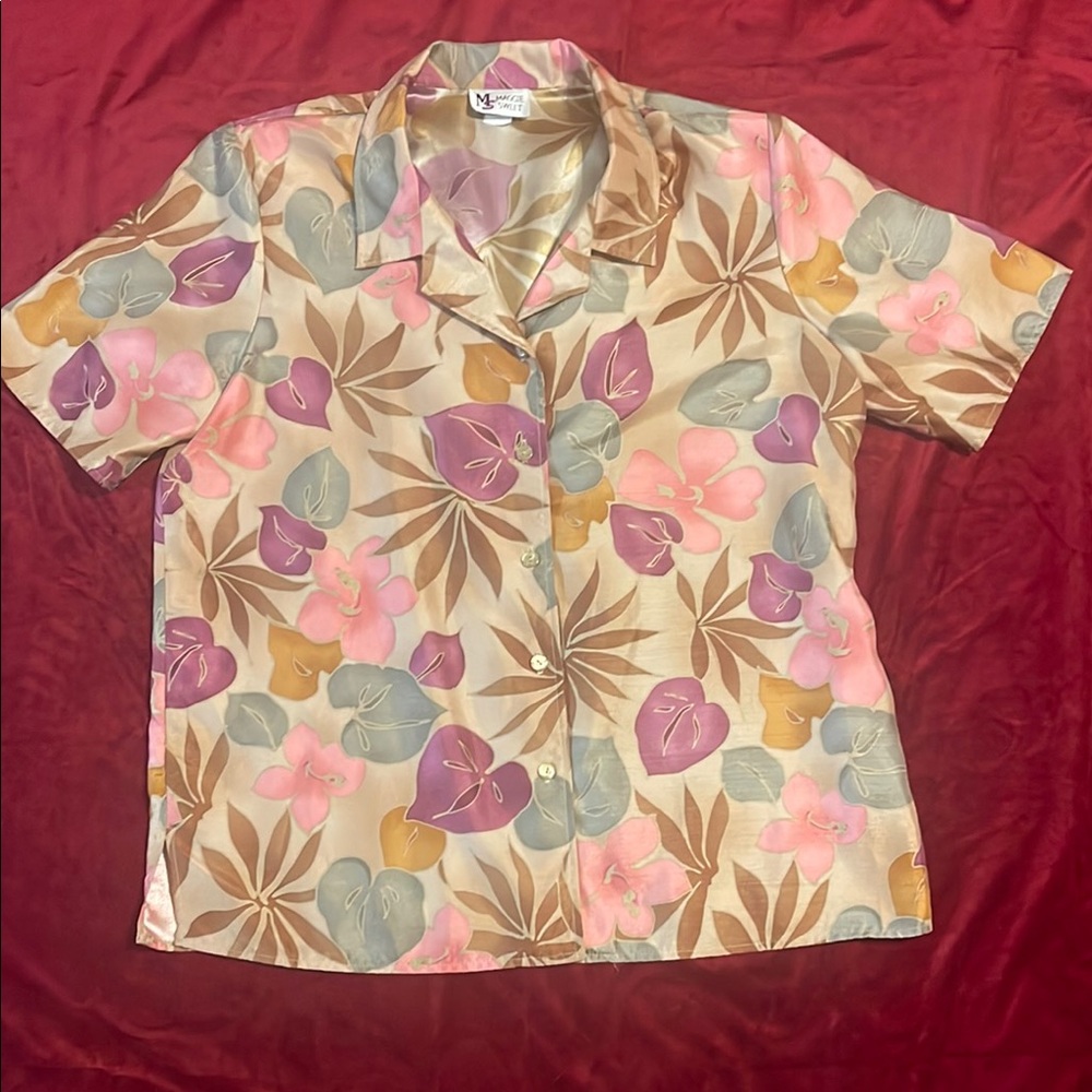 Vintage 90s Women’s Maggie Sweet Gold + Pink Floral Blouse Size 1X or XL